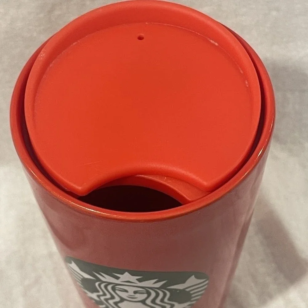Starbucks Red Ceramic Travel Mug Tumbler 12 oz Glitter Holiday Lid Cup 6.5